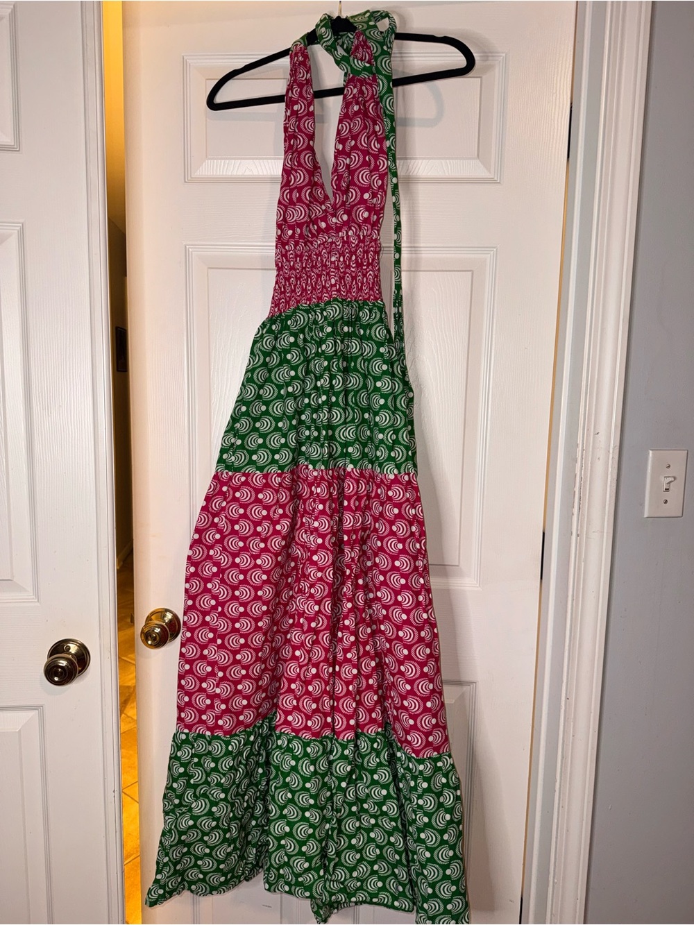 Women's Pink & Green Halter Tiered Maxi Dress